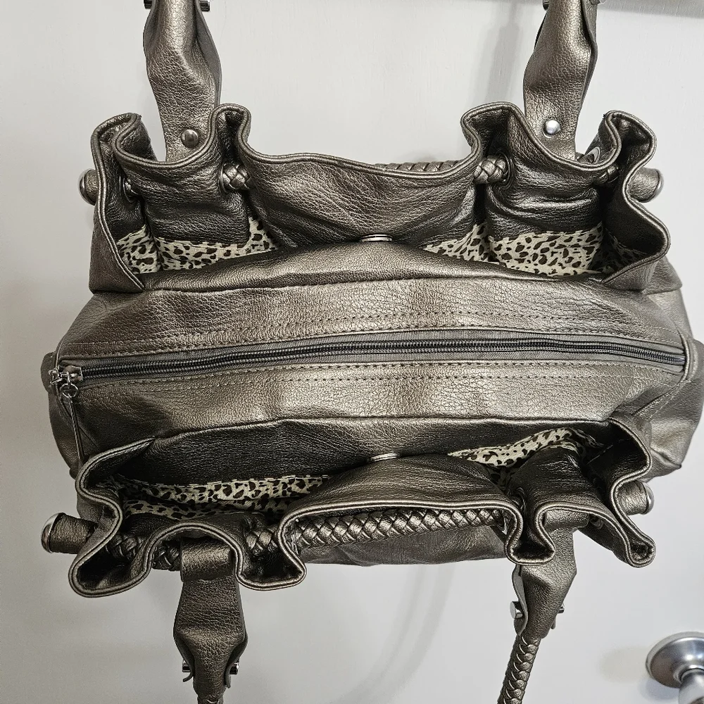 Silver Braided Handle Shoulder Bag Zip Top Double Magnetic Closure Purse